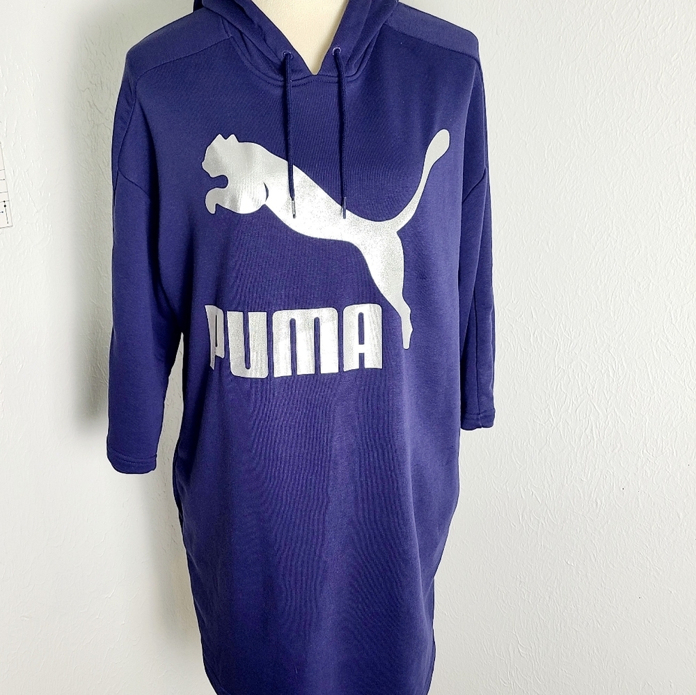 Puma Blue Hoodie Dress with White PUMA & Silver Sparkles, Size Medium - Picture 3 of 13